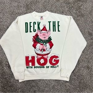 Vintage christmas sweatshirt mens large‎ white pig "deck the hog" crewneck USA